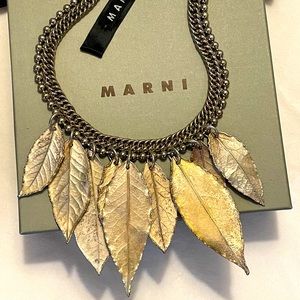 Vintage Marni necklace - silver leaves with silver chain and ribbon